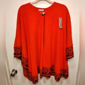 Lorena NWT Women's Red Sweater Cape  Poncho Black Rose Trim OS Outdoor Romantic